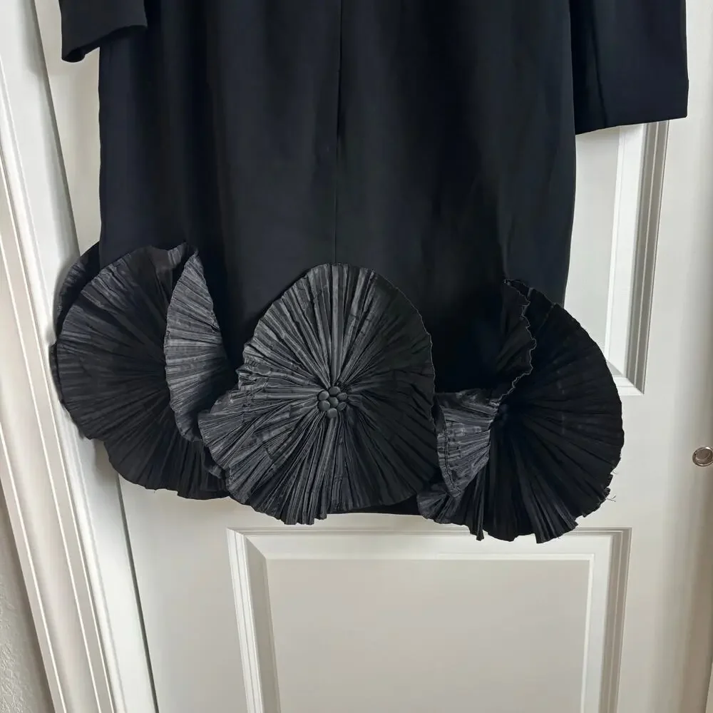 Lourdes Chavez Black Crepe Shift Dress Pleated Rosette Hem Detail Size 12 - Picture 10 of 16